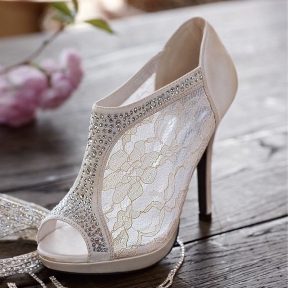 Ivory Satin Rhinestone Lace Ankle Booties